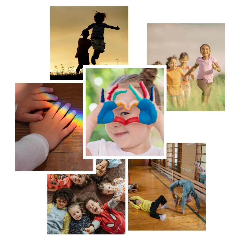 Collage mit spielenden und lachenden Kindern in Bewegung